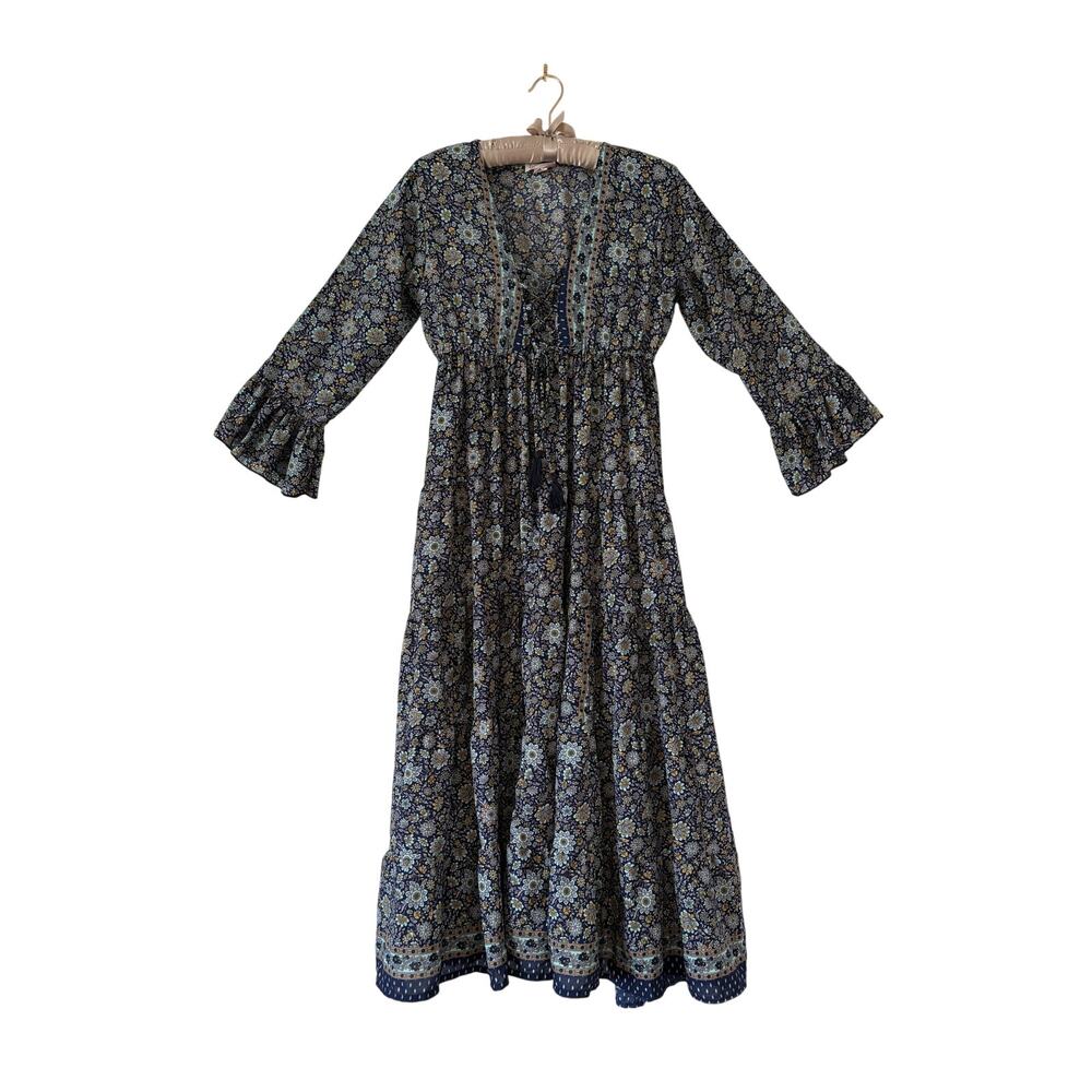 Anthropologie Boemo Navy Blue Floral Prairie Maxi Dress US Large Petite